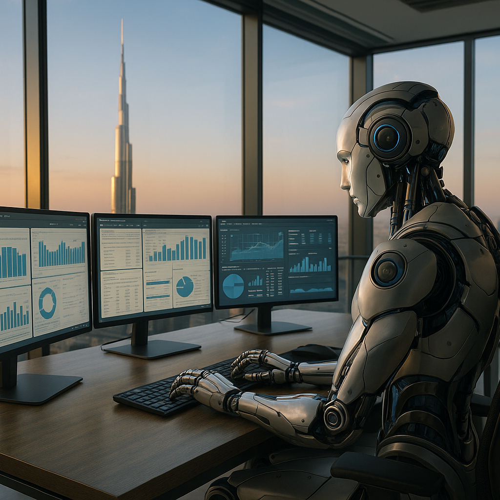 Rpa robot working on a office on burj khalifa landscape view